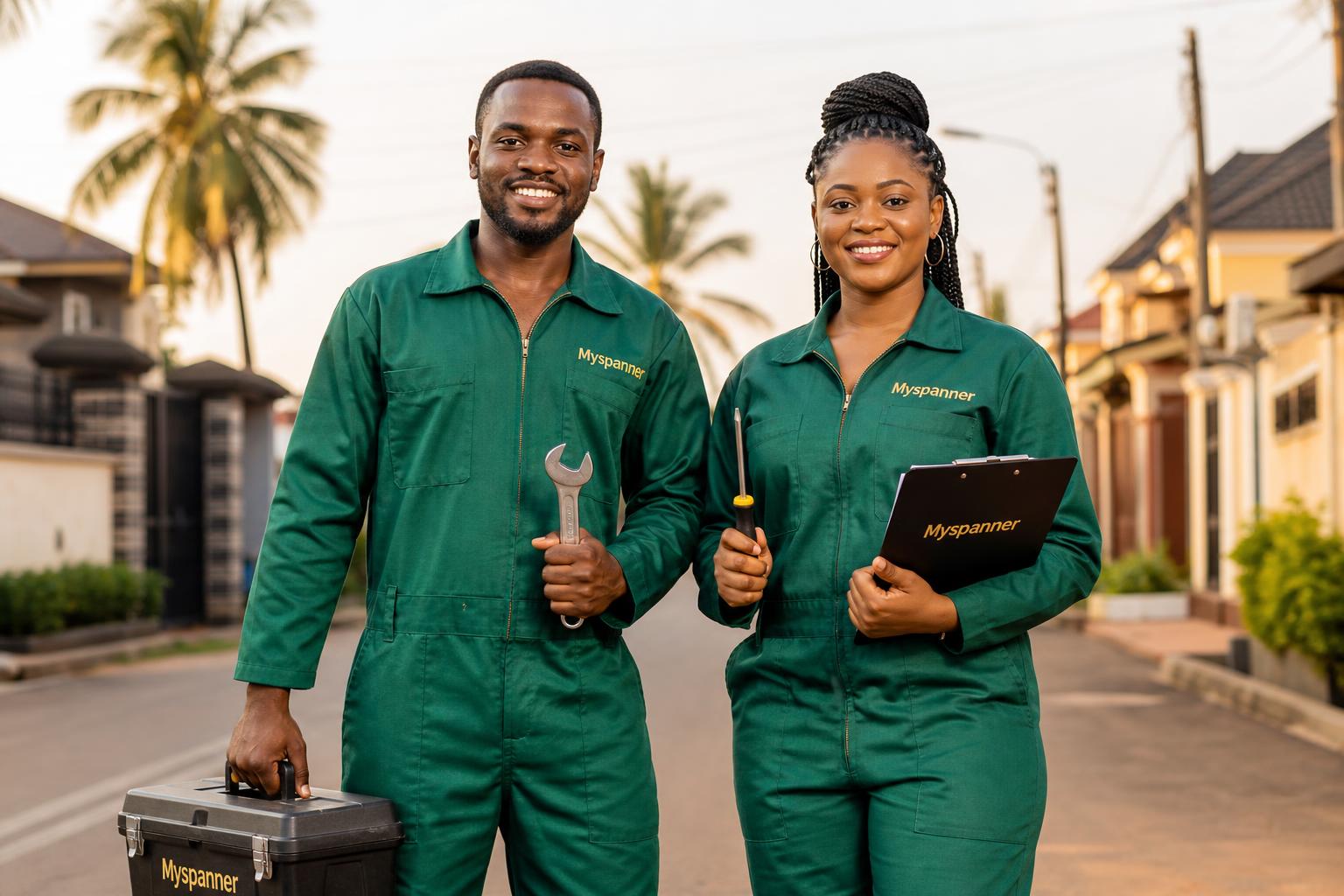 Male and female Myspanner artisans with tools on a street in Benin City